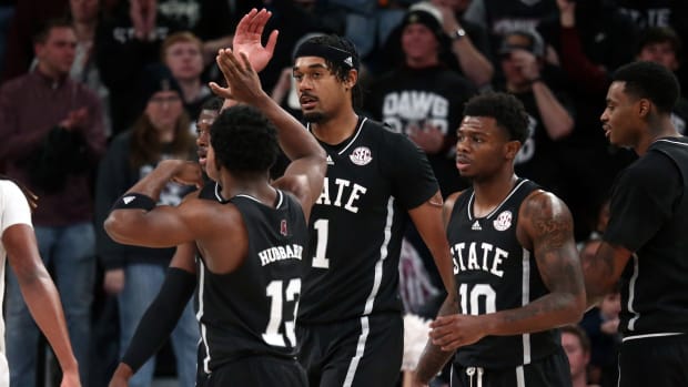 Jan 20, 2024; Starkville, Mississippi, USA; Mississippi State Bulldogs forward Tolu Smith (1) reacts with Mississippi State Bulldogs guard Josh Hubbard (13) after basket during the second half against the Vanderbilt Commodores at Humphrey Coliseum. Mandatory Credit: Petre Thomas-USA TODAY Sports